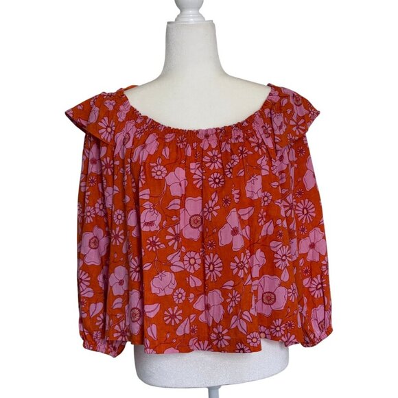 Free People Miss Daisy Floral Printed Pull On Off The Shoulder Smock Flowy Top - Picture 4 of 7